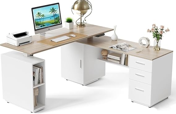 FEZIBO L Shaped Standing Desk with Storage, Executive Height Adjustable Table,Light Wood Grainy