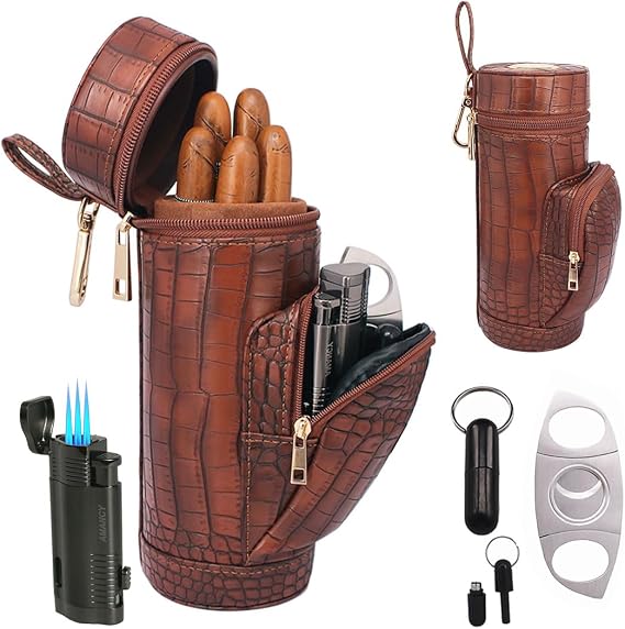 AMANCY Lid Built-in Hygrometer Travel Cigar Humidor, Cigar Case Jar/Tube with Accessories Set, Cigar Lighter and Cutter, Punch, Golf Cigar Accessories for Men