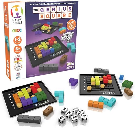 The Genius Square from the Happy Puzzle Company | Game of the Year Award Winner | 60000+ Solutions | STEM Puzzle Game for 1-2 Players | Ages 6 - Adult | Roll the dice and Race to Fill the Grid!