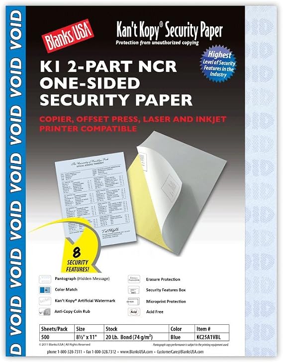 Blanks/Usa Kan't Kopy 8.5-Inch X 11-Inch Carbonless Security Paper, 20 Lbs., Blue, 500 Sheets/Ream (Kc25a1vbl)