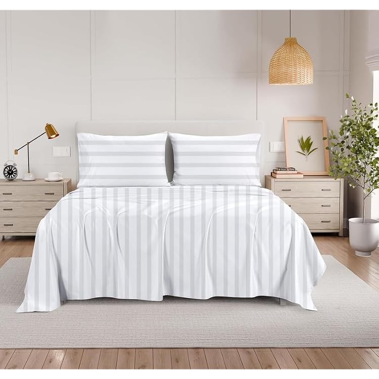 Rajlinen RV Bunk 48 x 80 Size Sheets- 4 Piece White Stripe Sheet Set- 100% Egyptian Cotton, 600 Thread Count- 4-8 Inch Deep Pocket Fitted Sheet- Easy-Fit & Extra Soft White Stripe-RV Bunk 48 x 80