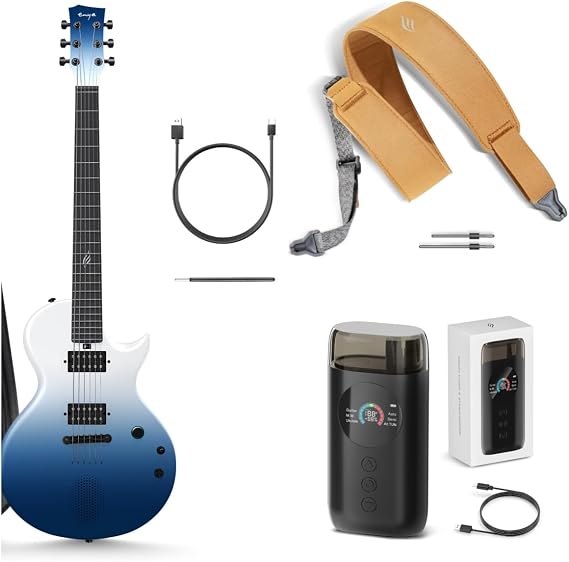 Enya Electric Guitar Nova Go Sonic Smart Electric Carbon Fiber Guitarra with 10W Wireless Speaker Ocean Blue & Smart Automatic Guitar Tuner & enya Magnetic Strap
