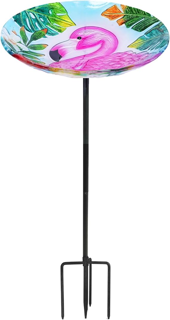 Bird Baths for Outdoors, Glass Birdbaths Outdoor Garden Birdfeeder with Metal Stake for Lawn Yard Decor, 24 Inch Height, Flamingo