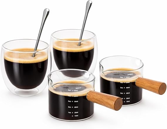 Espresso Cups Set of 4, 150ml Double Wall Glass Coffee Cups with Spoons
