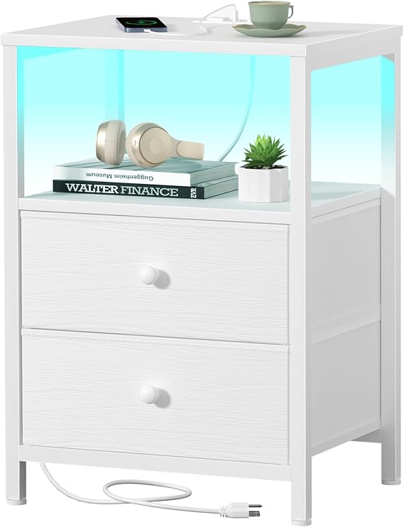 BOLUO White Nightstand with Charging Station, LED Night Stand with 2 Fabric Drawers, Bedside Table with USB Ports and Outlets, Nightstand for Bedroom Modern