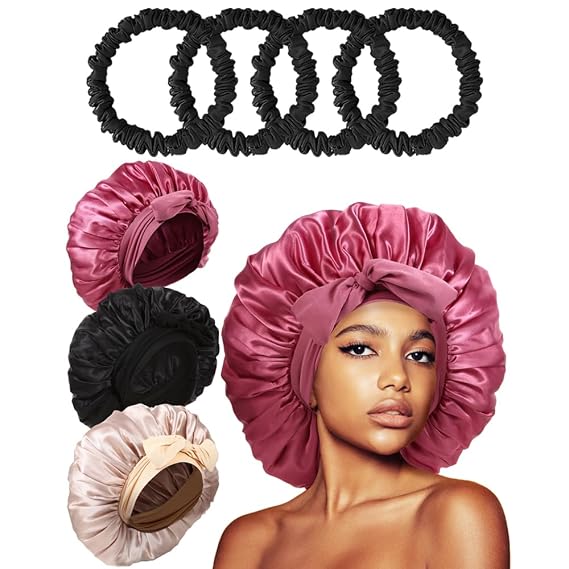 Mulberry Silk Scrunchies for Women (4Pcs) & Jumbo Bonnet for Curly Hair (1Pcs)