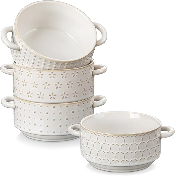 MALACASA Ceramic Soup Bowls with Handles, 20 oz French Onion Soup Bowls Oven & Microwave Safe for Soups, Stews & Desserts - Set of 4, Embossed Patterns Bowl Set - 5.5 Inch, Series LYDIA