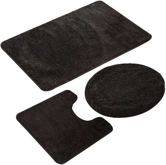 MIFXIN Bathroom Rug Set of 3 Piece Anti-Slip Soft Bath Mats, Rectangular Floor Mat Area Rug + U-Shaped Toilet Mat + Toilet Lid Cover (Black)