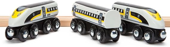 Maxim Enterprise, inc. Wooden Bullet Train, Wooden Train Set of 2 Modern Engines 1 Sleek Passenger Car with Magnetic Connectors, Compatible with Thomas & Friends, BRIO, Other Major Brands