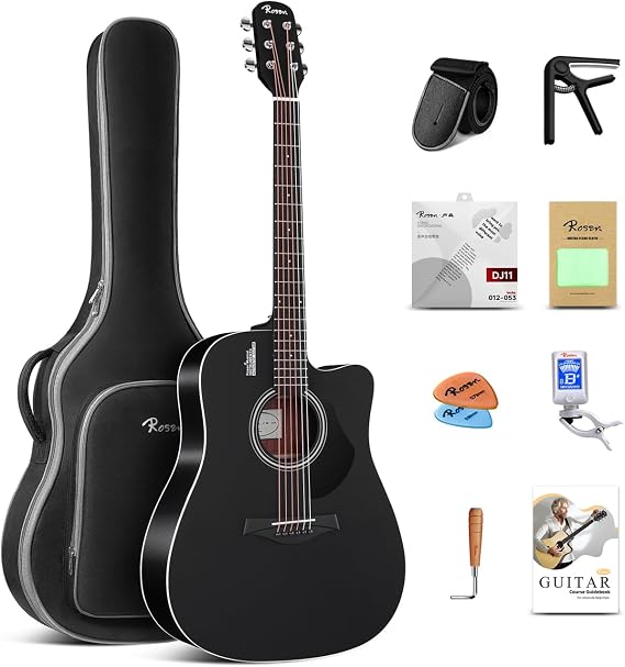 Rosen Solid Top Dreadnought Acoustic Guitar 41 Inches Spruce Guitar Beginner Bundle with Book, Padded Bag, Strings, Picks, Hexwrench, Strap, Polishing Cloth, Black