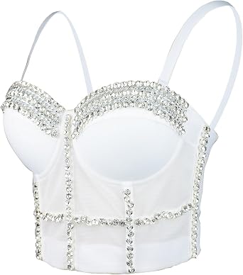 ELLACCI Women's White Diamond Chain Mesh Bustier Crop Top Push Up Corset Top Bralet with Detachable Strap