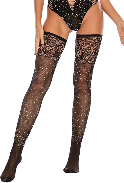 Lookswe Sparkle Rhinestone Thigh High Stockings Women's Sexy Glitter Crystal Fishnets Stockings Black