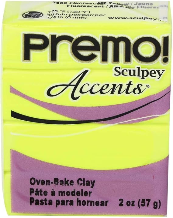 Sculpey PremoTM Polymer Oven-Bake Clay, Fluorescent Yellow, Non Toxic, 2 oz. bar, Great for jewelry making, holiday, DIY, mixed media and more. Premium clay perfect for clayers and artists.