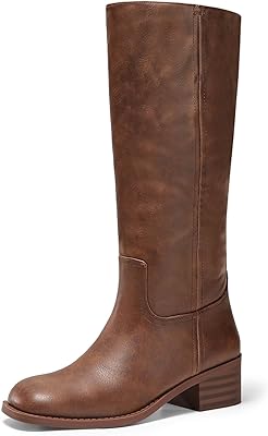 Coutgo Womens Knee High Boots Square Toe Chunky Block Heel Tall Boots Comfortable Low Heel Shoes