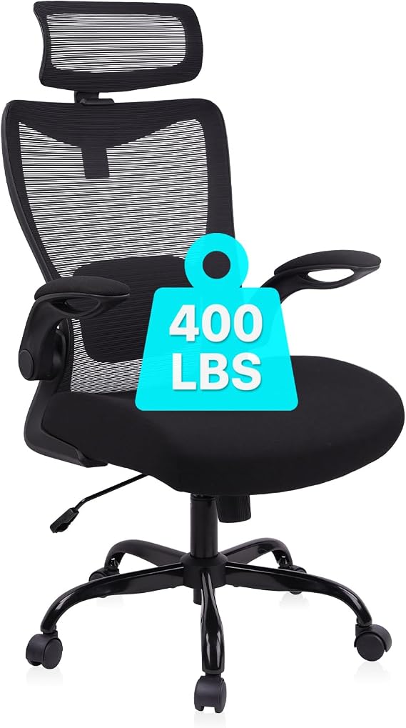 CLATINA Big and Tall Ergonomic Mesh Office Chair 400LBS, Heavy Duty Desk Chair with Adjustable Lumbar Support & Headrest, Flip Up Padded Arms, Swivel Computer Chair for Home, Study, Conference, Black