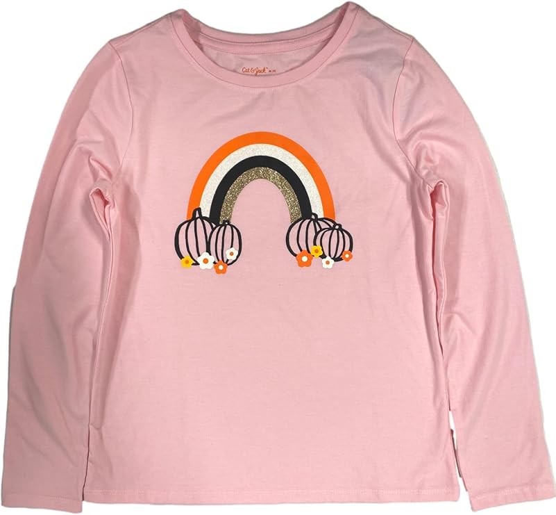 Cat & Jack Girls Pink Long Sleeve Rainbow Pumpkin Halloween T-Shirt