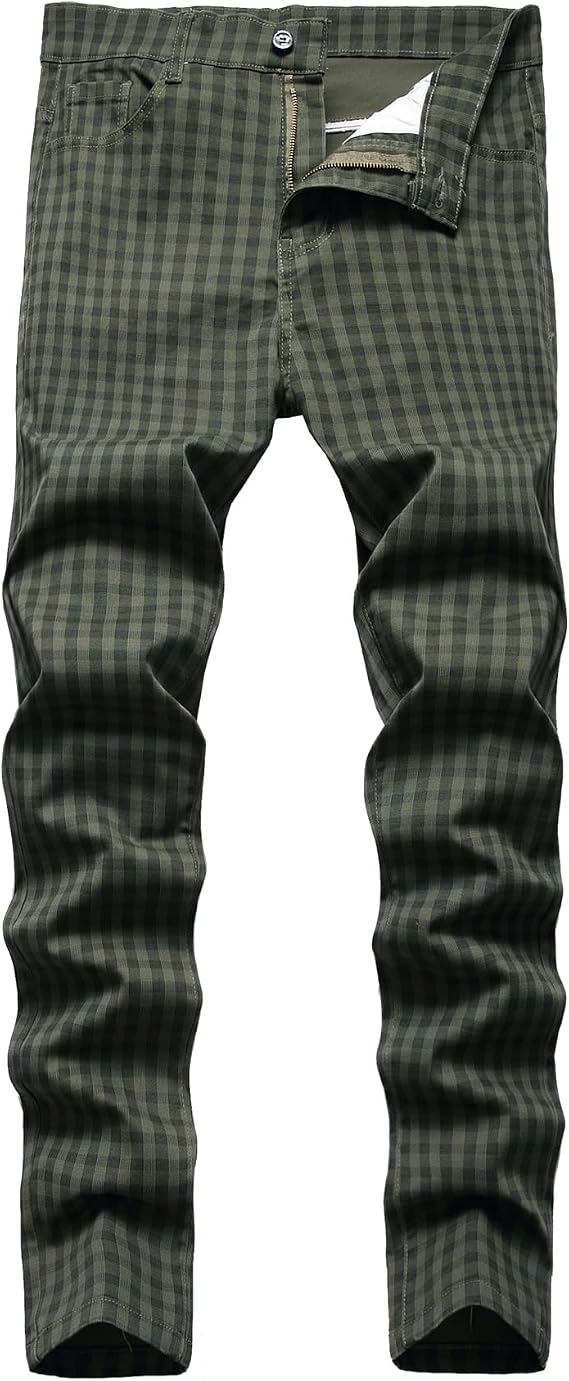 JE&NS Men's Stretch Slim Fit Flat-Front Casual Skinny Chinos Plaid Dress Pants