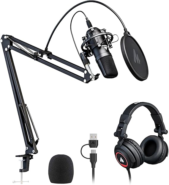 MAONO Microphone with Studio Headphone Set 192kHz/24bit Vocal Condenser Cardioid Podcast Mic Compatible with Mac and Windows, YouTube, Gaming, Live Streaming, Voice-Over (AU-A04H)