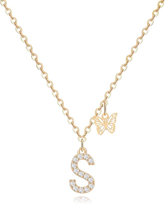 MJartoria Dainty Initial Necklace Butterfly Pendant Necklace, 14K Gold Plated Brass Cubic Zirconia Letter Dainty Necklaces Jewelry Birthday Gifts for Women
