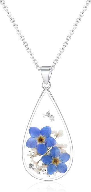 AUNTESIGN Forget-Me-Not and Queen Anne's Lace Pressed Wildflower Necklace | Birth Month Flowers Necklace | Gold/Silver Pressed Flower Jewelry | Mother's Day | Gift For Her