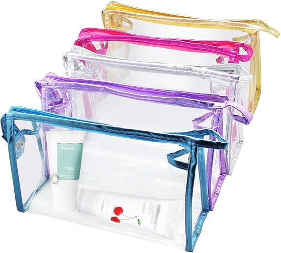 Meetory 5 PCS Clear Waterproof Cosmetic Bag with Zipper, PVC Transparent Plastic Makeup Organizing Bags Travel Toiletry Pouch for Bathroom, Vacation and Organizing