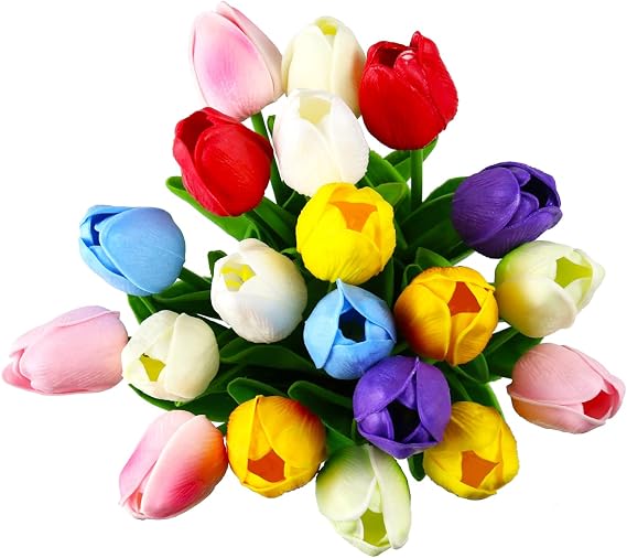 10Pcs Artificial Tulips,Real Touch Fake Flowers with Stems for Home
