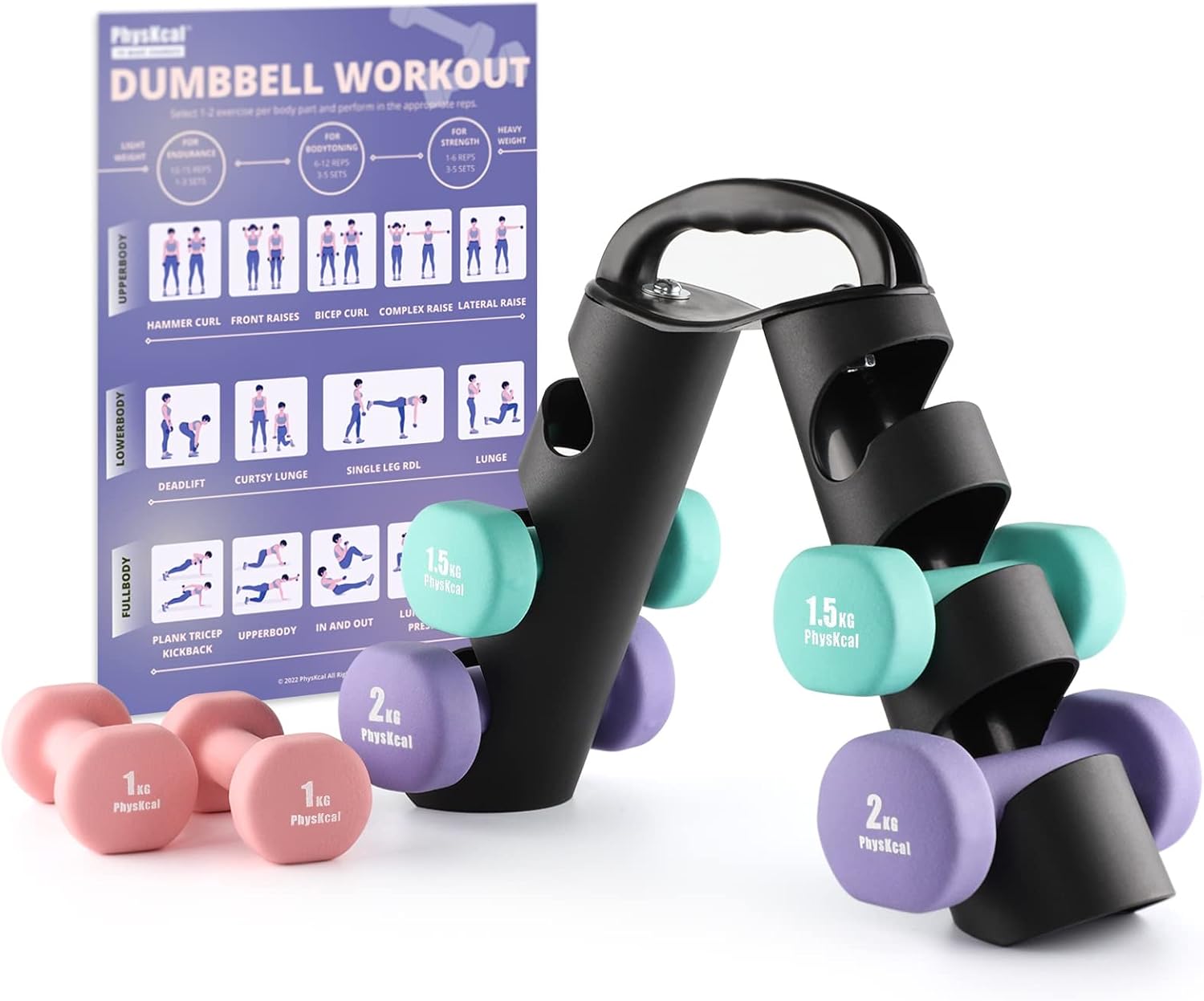 PhysKcal Dumbbells Set with Storage Rack, Hand Weights Set for Home, Gym & Studio