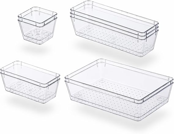 Premium Drawer Organizer Set - 9 PCS Clear Plastic Storage Bins for Kitchen, Bathroom, Makeup & Office - Stackable Drawer Dividers for Utensils, Cosmetics, Jewelry & Desk Organization by Avaloura
