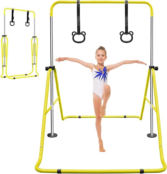 Foldable Gymnastics Bar with Bear Rings, Height Adjustable Gymnastics Equipment for Kids, Home Gym Equipment - Gymnastic Bar for Girl Boy Gym Training