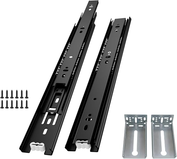 1 Pair 18 Inch Full Extension Ball Bearing Black Cabinet Drawer Slides & 1 Pair Metal Rear Mounting Brackets for Face Frame Cabinets