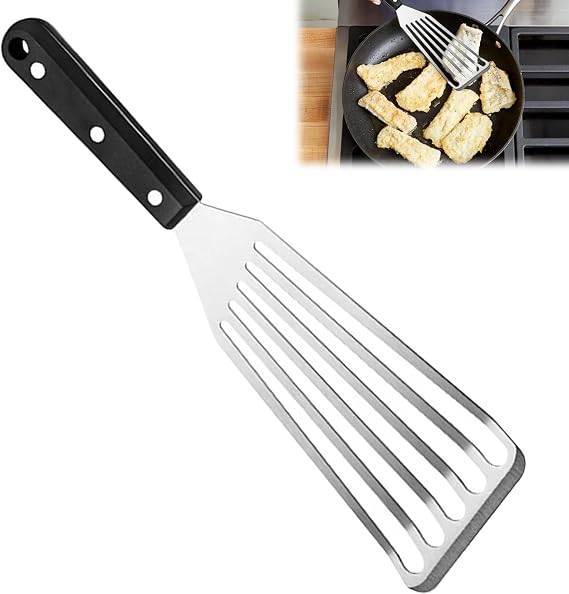 Fish Slice Spatula, Fish Spatula Handle, Metal Spatulas for Cooking Non Stick Frying, Slotted BBQ Shovel, Stainless Steel Slotted Turner with Solid ABS Handle for Cooking Egg Meat Dumpling Frying