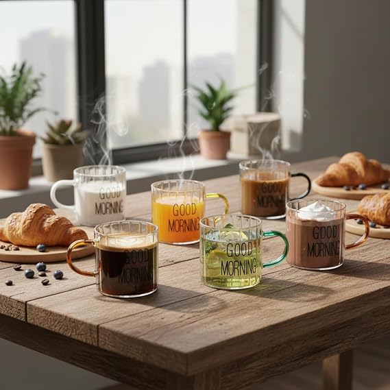 Deconox 6'lı Borosilikat Cam Espresso ve Türk Kahvesi Fincanı Seti (90 ml) - Düz ve Rölyefli Seçenekli Tabaksız Mini Kupa (Rölyefli)