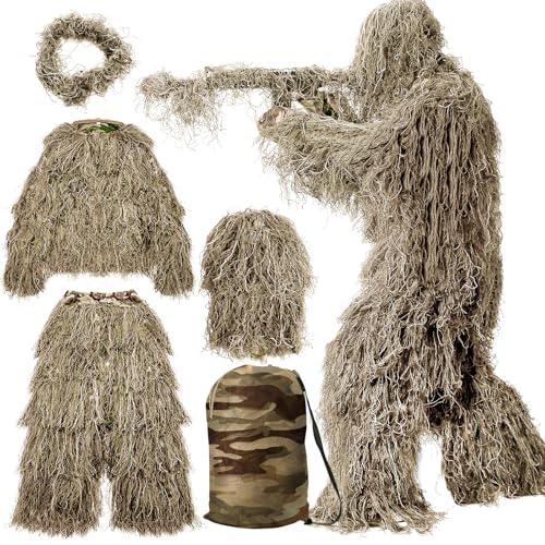 MOPHOTO 5 in 1 Ghillie Suit 3D Camouflage Hunting Suits - Jacket, Pants, Hood, Carry Bag for Adults & Youth, MLL