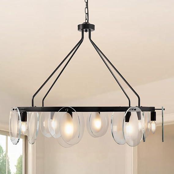 WJShome Modern Glass Chandelier, 8-Light Black Chandeliers for Dining Room, Round Kitchen Island Light Fixtures, Rustic Farmhouse Hanging Pendant Lights for Living Room, Bedroom, Foyer, Entryway