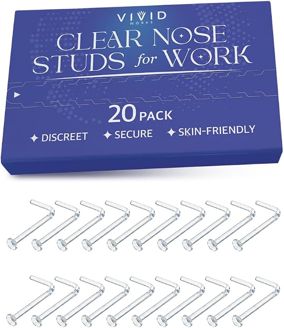 Clear Nose Studs for Work 20 Pack 18 Gauge - Clear Nose Rings 1mm | Invisible Flat Stud Plastic Piercing Retainer Cover for Surgery - Piercing Jewelry for Women and Men