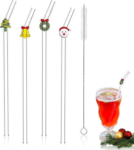 4 Pcs Reusable Glass Straws with Cleaner Brush, Cute Bent Glass Straws with Christmas Design for Juices, Smoothies, Milkshakes, Teas
