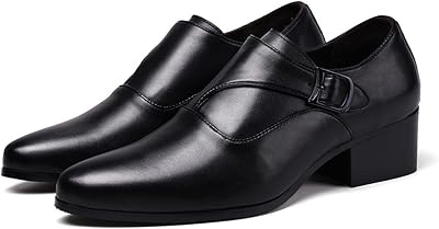 Mens Genuine Leather Chunky Heel Monk Strap Dress Loafers Fashion Classic Pointed Toe Low Top High Heel Slip On Chelsea Oxford Shoes Casual Business Formal Shoes