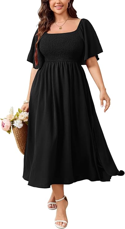 SHESTARR Women's Plus Size Dress Short Sleeve Square Neck Smocked Side Split Flowy A Line Long Maxi Dress