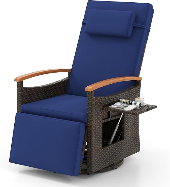 HAPPYGRILL Outdoor 360 Swivel Rattan Recliner Chair, Patio Wicker Chaise Lounge Chair with Adjustable Backrest & Footrest, Flip Side Table & Cushions for Outside Porch, Poolside & Backyard (Navy)