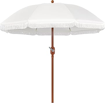 Yaheetech 9ft Patio Umbrella with Tassels, Fringe Portable Beach Umbrella, Umbrella Outdoor Patio with Crank Operating Mechanism, Tilting Aluminum Pole, Fiberglass Ribs For Garden, Pool, Cream