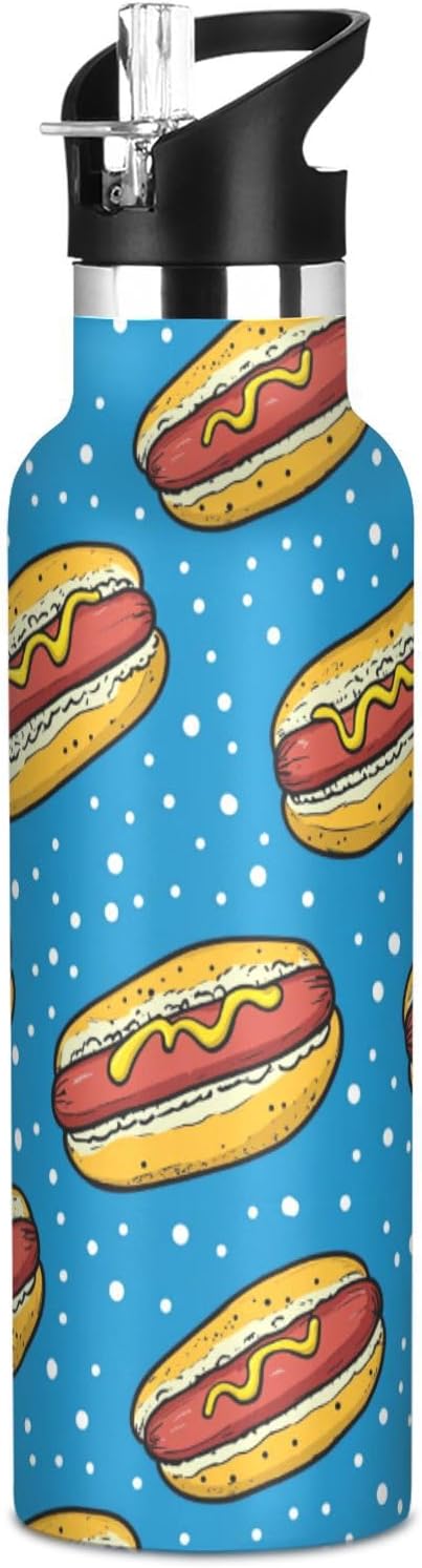 Kids Insulated Stainless Steel Water Bottle with Straw Lid for Boys Girls,Cute Hot Dogs Dots Blue 20 Oz Sports Water Bottle Leak Proof Vacuum Double Wall