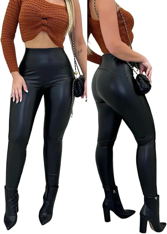 CHICME Women's Fleece Lined High Waist Faux Leather Leggings
