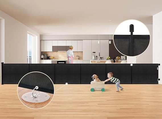 Retractable Baby Gates for Stairs Doorways, 122" Extra Wide Mesh Baby/Dog/Pet/Cat Gate with Safety Double Lock, 34" Tall Retractable Dog Gate, Child Safety Gate Use for Indoor/Outdoor - Black