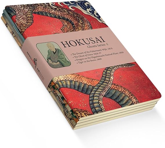 Retronote Ghosts Series I - A6, Hokusai 4-Piece Notebook Set V, Unlined, Total 192 Pages, 48 Pages Each, Wire Stitching, Flexible Cover, Oval Edge, Canvas Texture, 60 grams, Yellow Cream Color