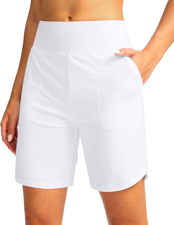 Women's 9" Long Swim Board Shorts with Pockets High Waisted Beach Swimsuits Knee Length Short for Women with Liner