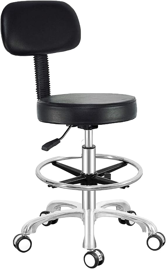 Antlu Rolling Stool Drafting Shop Chair, Black with Footrest