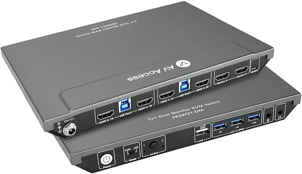 AV Access KVM Switch 2 Monitors 2 Computers, 4 USB, EDID, Fast Hotkey Switch, 4K@60Hz HDMI Dual Monitor Display 1 or 2 PCs Simultaneously,2 Desktops for Dell Lenovo HP Share One Set of Keyboard Mouse