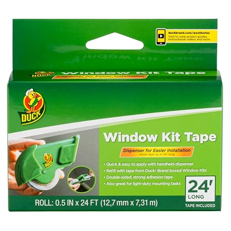 Duck Brand Window Kit Tape with Refillable Dispenser, Double-Sided Tape with Strong Adhesion for Use with Duck Brand Window Insulation Kit Tape, 0.5 Inches by 24 Feet, Green