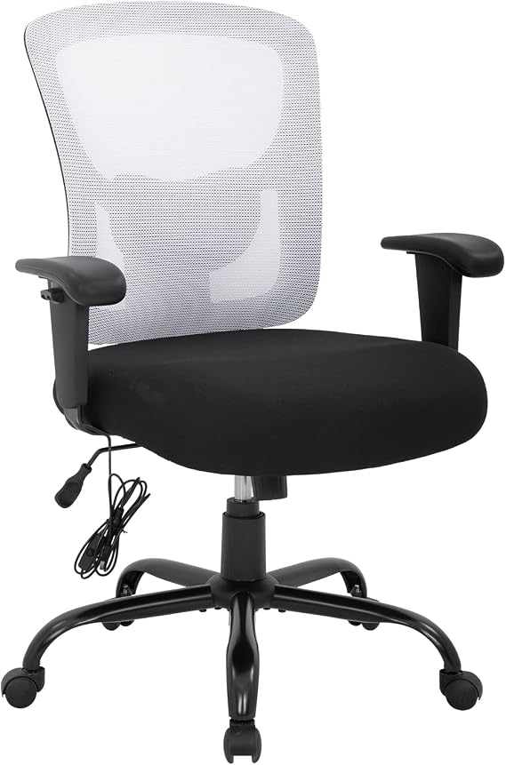 Office Chair Big and Tall 400lbs Desk Chair Mesh Massage Computer Chair with Lumbar Support Wide Seat Adjust Arms Rolling Swivel High Back Task Executive Ergonomic Chair for Home Office,White