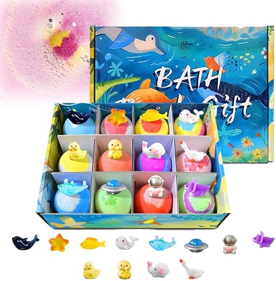 Ocean Toy Bath Salt Ball Sleeve Box Bath Bombs, 12-Pack Handmade Bath Bombs with Surprise Inside, Easter Gifts Bubble Easter Basket Stuffers Easter Egg Fillers(Sea)